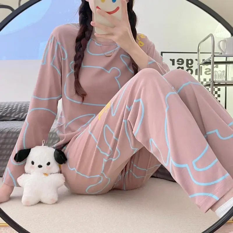 New Spring and Autumn New Pajamas Ladies Long-sleeved Trousers Cardigan Print Sweet and Fresh Home Service Women's Pajamas Set