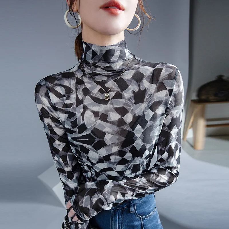 

HIgh Quality 2023 Women Tops T-shirt Female Gauze Print Design Clothing Winter Autumn Sexy Crop Top Clothes Casual Blouse Y2k