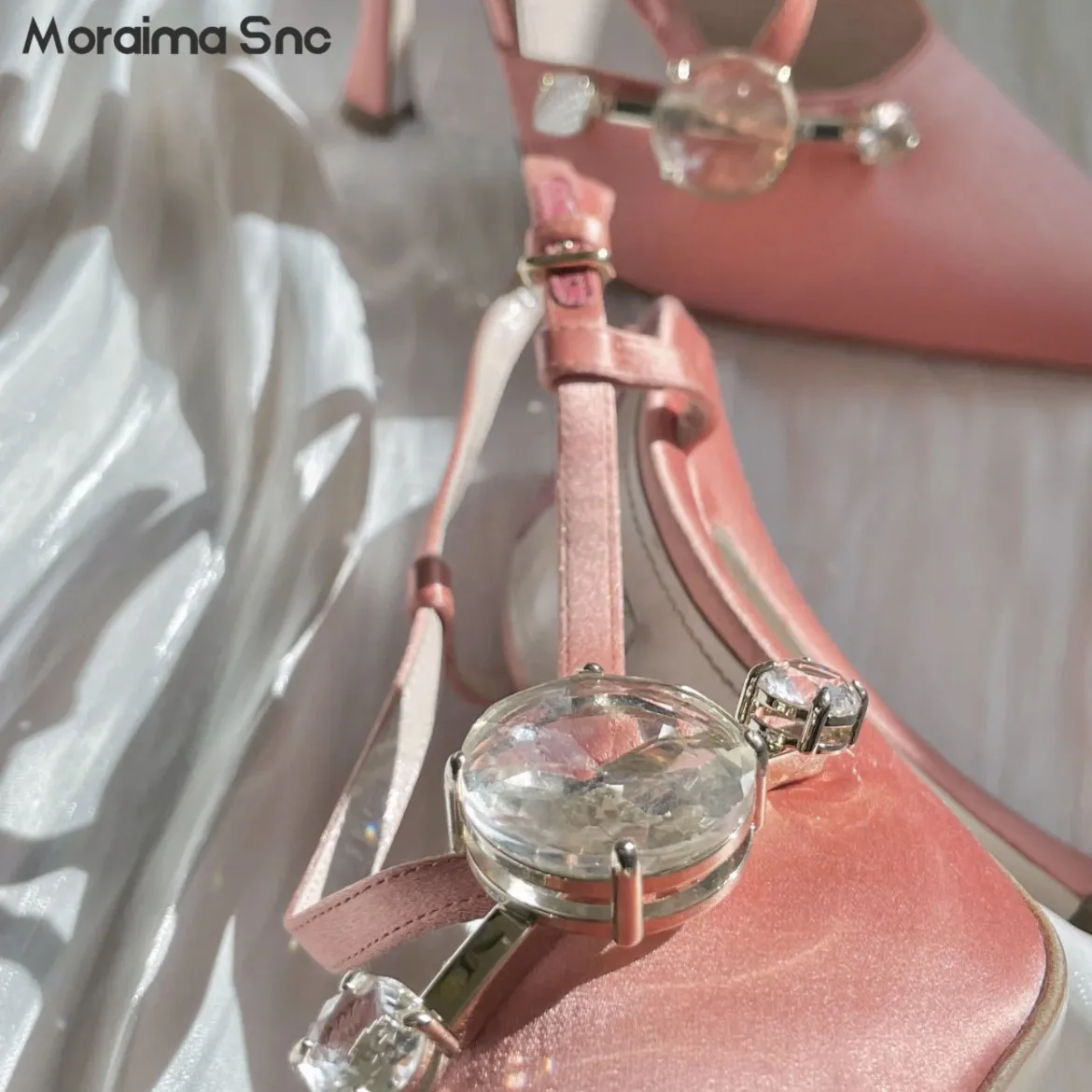 Pink Leather Rhinestone High-Heeled Shoes with Back Empty Fashion Sandals Pointed Toe French Elegant Temperament Ladies' Pumps