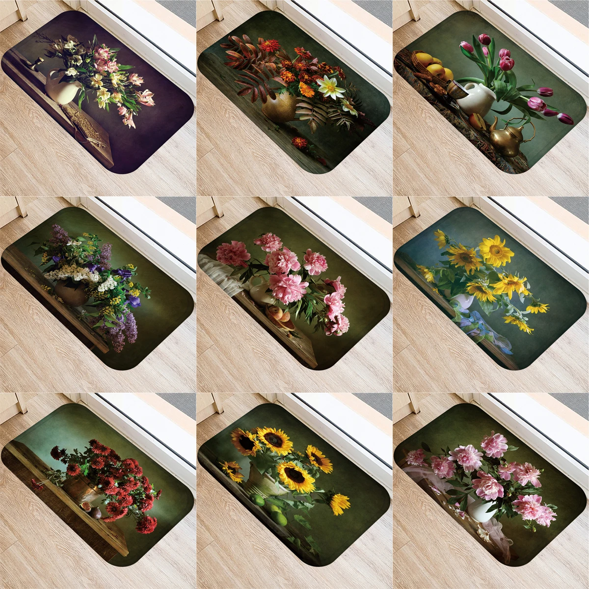 

ZHENHE Oil Painting Vase Mat Pattern Print Doormat Anti Slip Floor Carpet for Bathroom Kitchen Entrance Rugs Home Decor