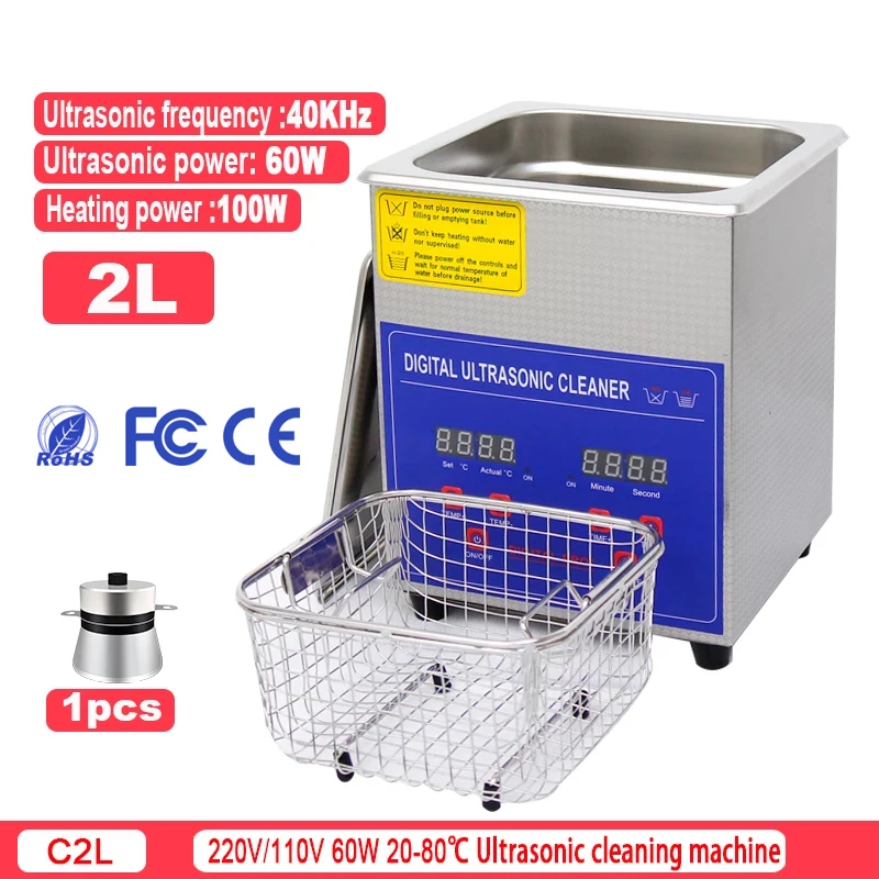 

2L 100W 40Khz Ultrasonic Cleaner Stainless Steel Cleaner Bathtub with Heater Timer and Basket for Cleaning Jewelry Brass Cleaner