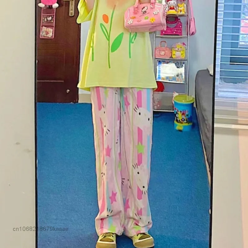 Sanrio Hello Kitty Summer Clothes Female Harajuku Kawaii Pajama Pants Women Casual Wide Leg Pants Y2k Soft Thin Fashion Trousers