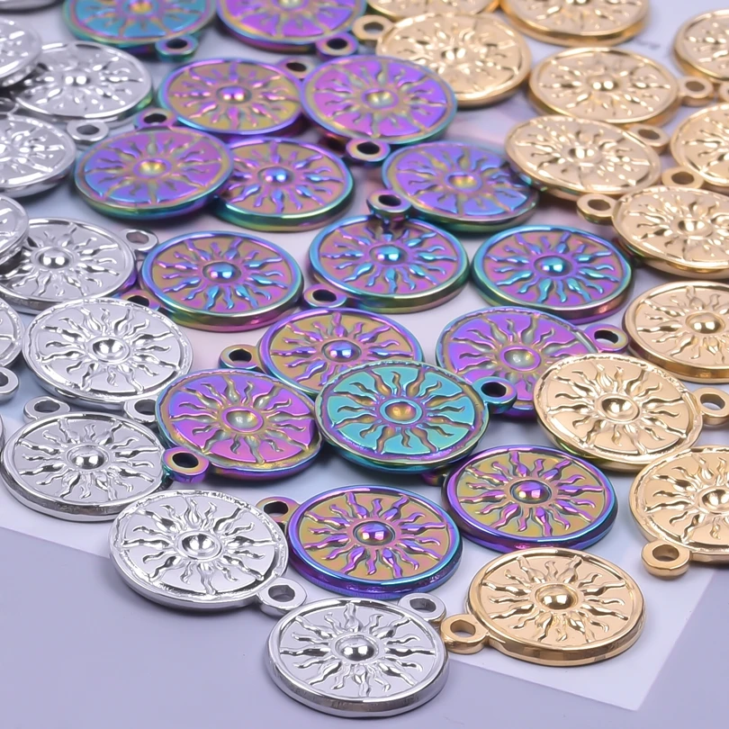 

10pcs/lot Stainless Steel Round Shape Punk Charms Sun Pattern DIY Necklace for Men Jewelry Making Craft Pendant Supplies Bulk