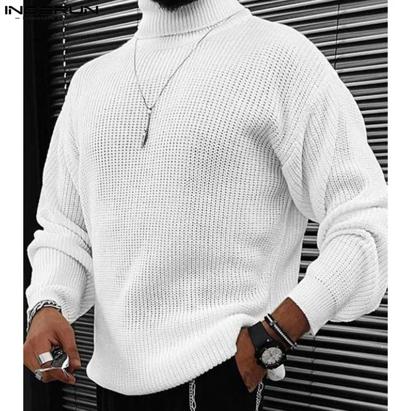 

2023 Men T Shirt Turtleneck Knitted Long Sleeve Solid Casual Men Clothing Streetwear Cozy Stylish Thin Pullovers S-5XL INCERUN