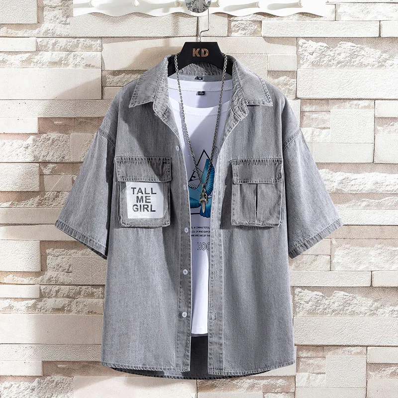 Новые летние мужские голубые джинсовые рубашки с коротким рукавом высокого