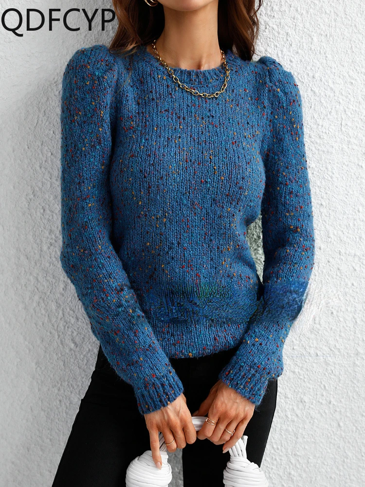

2023 Autumn Winter New Women's Sweater Fashion Vintage Solid Color O-neck Pullover Slim Puff Sleeve Knitted Sweater for Women