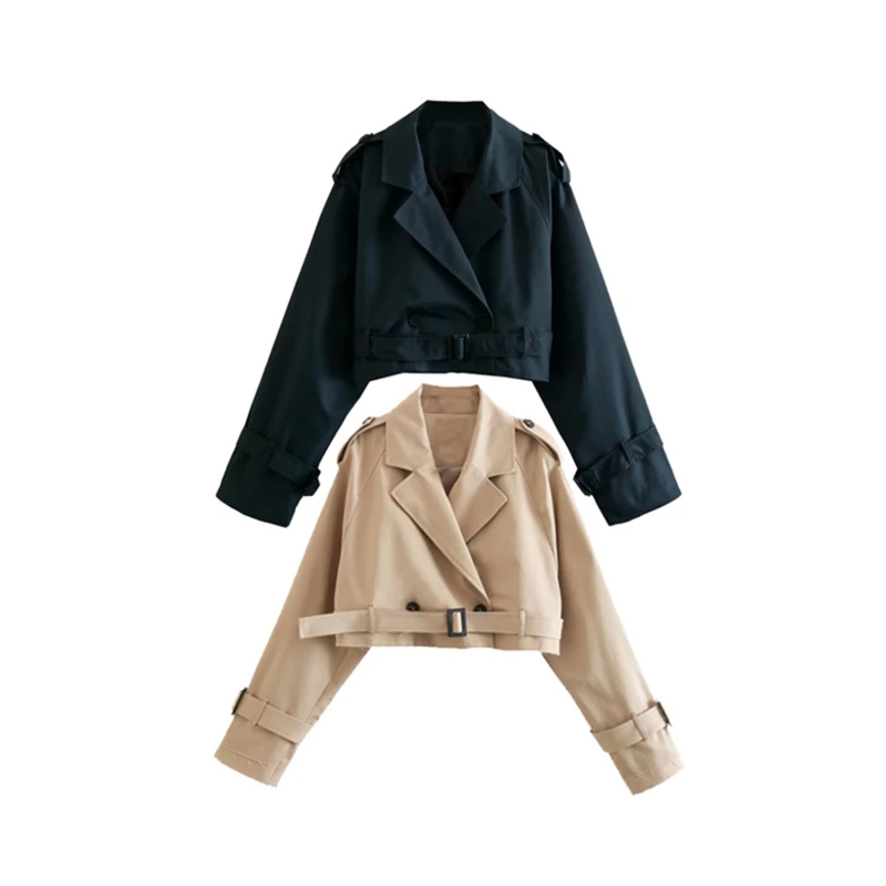 

Women's Lapel Collar Jackets Coat Cropped Female Long Sleeve With Belt Single Button Short Jacket French Trench Coat Streetwear