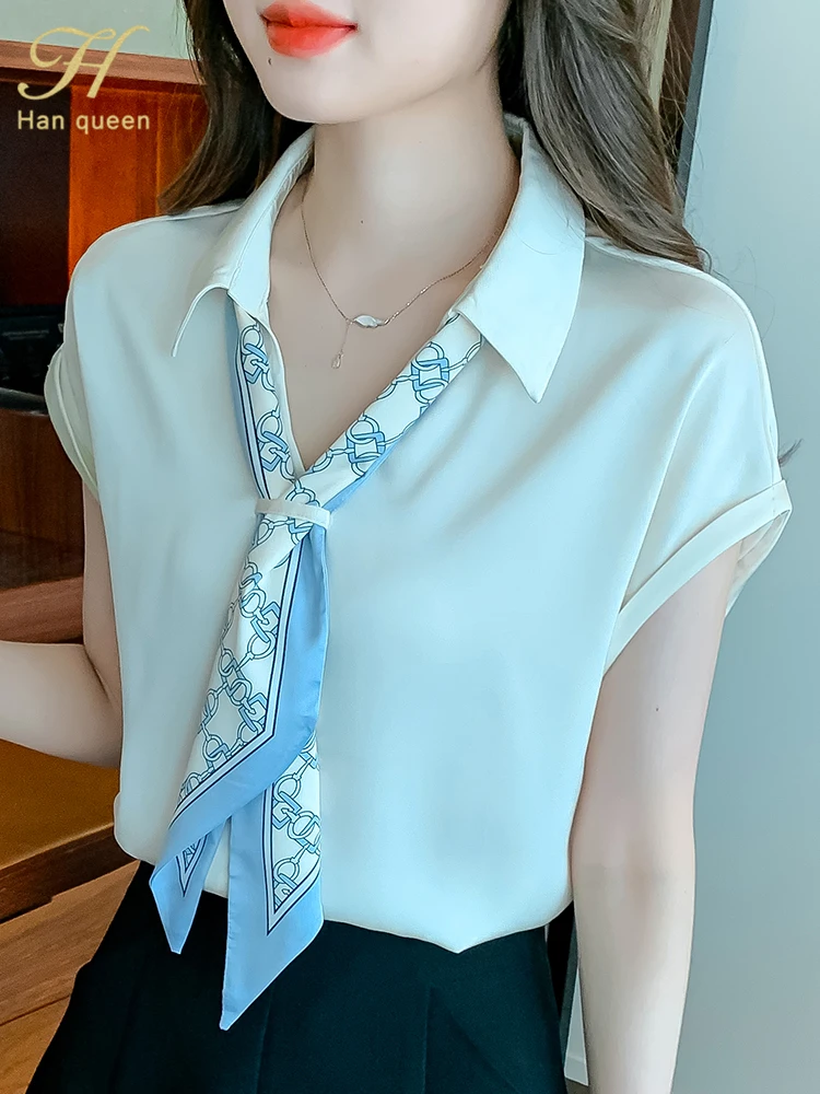 

H Han Queen Summer Simple Elegant Lace-Up Chiffon Blouses Womens New Korean Loose Casual Vintage Shirts OL Office Wear Work Tops