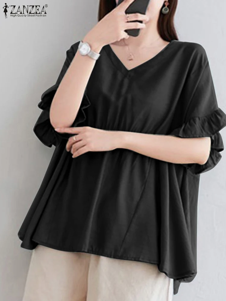 

ZANZEA Elegant Ruffle Blouse 2022 Summer OL Solid Tops Women Fashion Short Sleeve Shirts Casual V Neck Camisas Oversized Chemise