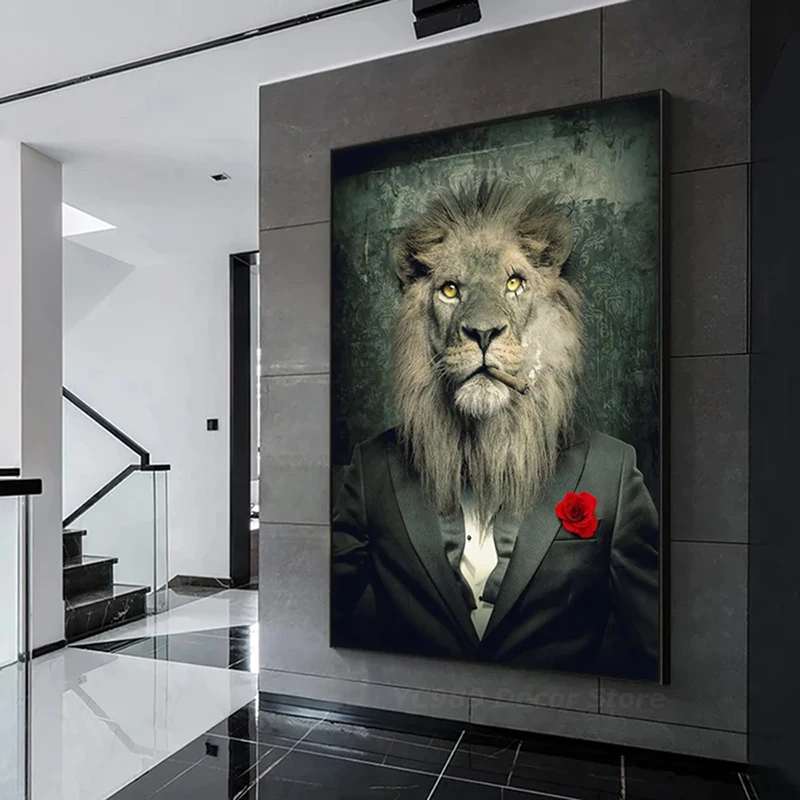 

Благородный плакат на холсте с изображением Льва в костюме курить сигару Картина на холсте с изображением животных Настенная картина для домашнего декора комнаты