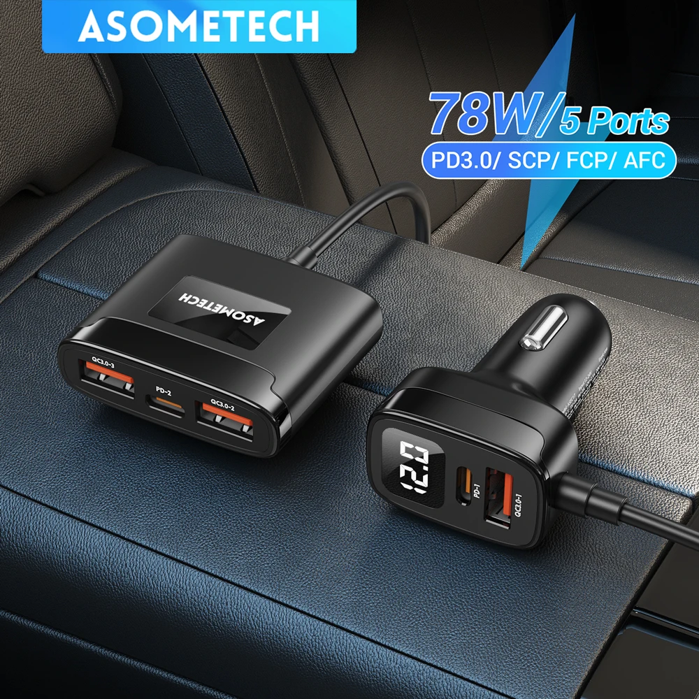 

78W 5 Ports Car Charger Quick Charge QC3.0 PD3.0 SCP FCP AFC Multi Fast Charging Adapter For iPhone 13 14 Xiaomi Huawei Samsung