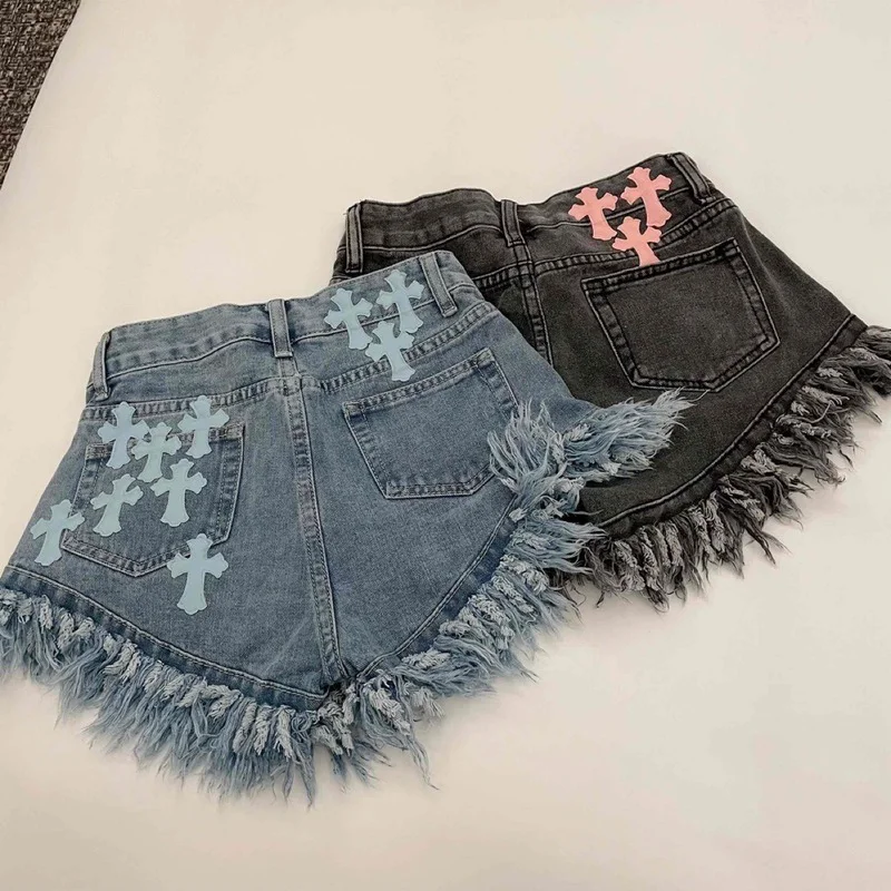 Summer Retro Gothic Denim Patch Shorts Ladies Trend High Street Harajuku High Waist Wide Leg Pants Loose Hot Girl Style