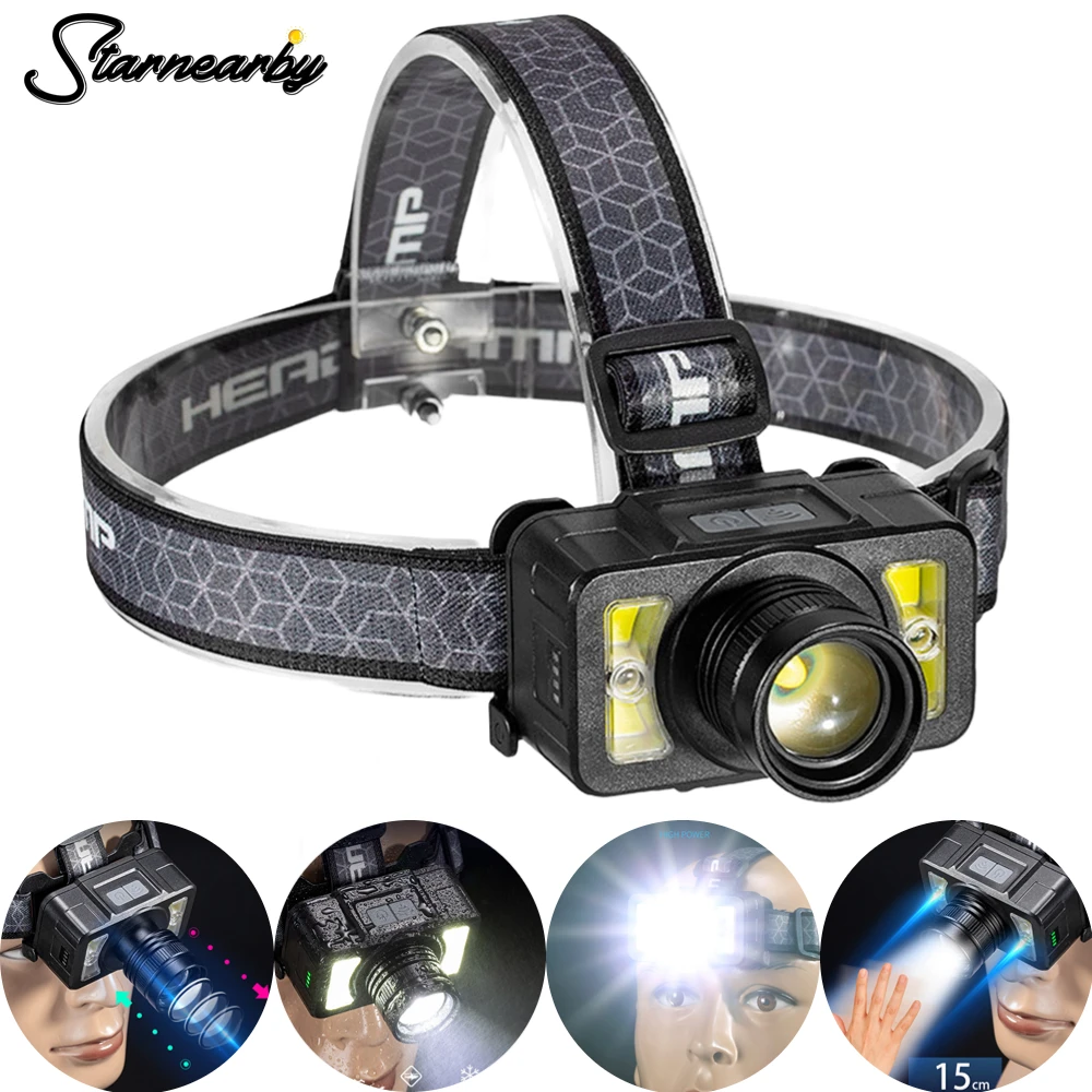 

XPE LED Induction Headlamp Wave Sensing Head Torch Camping Lantern Waterproof Front Light USB Rechargeable Head Light Flashlight