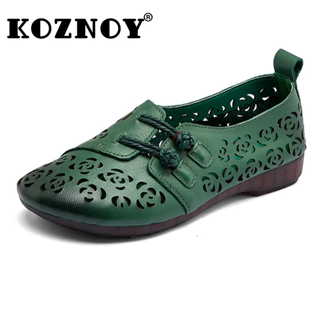 

Koznoy 2cm Retro Ethnic Style 2022 Genuine Leather Mom Summer Comfy Women Soft Soled Flat Hollow Round Toe Leisure Slipon Shoes