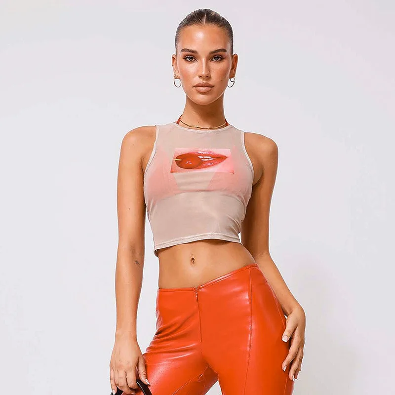 

Женская Сетчатая футболка без рукавов, модная уличная облегающая футболка с легким прозрачным принтом, лето 2023