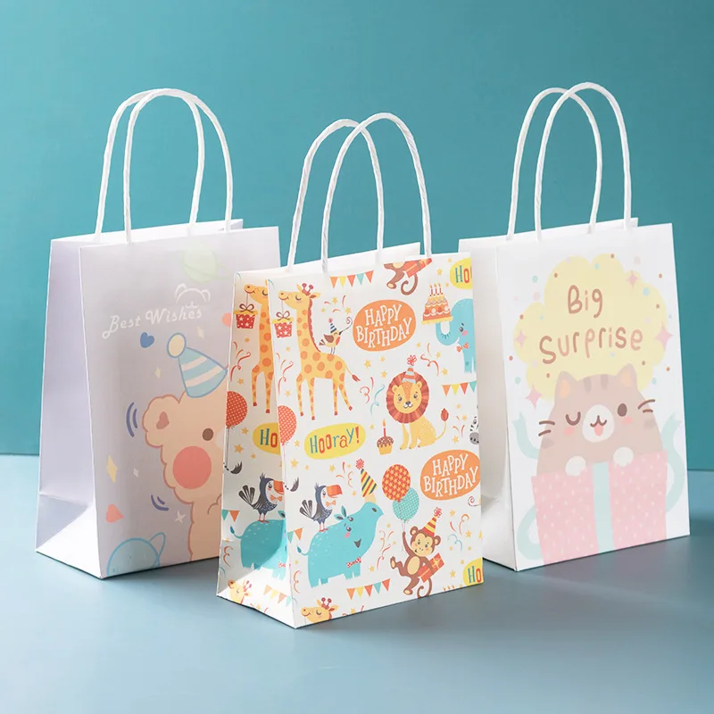 10/20Pcs Cartoon Kraft Paper Theme Gift Bags With Handle Cookie Candy Packaging Box Birthday Baby Shower Festival Party Supplies