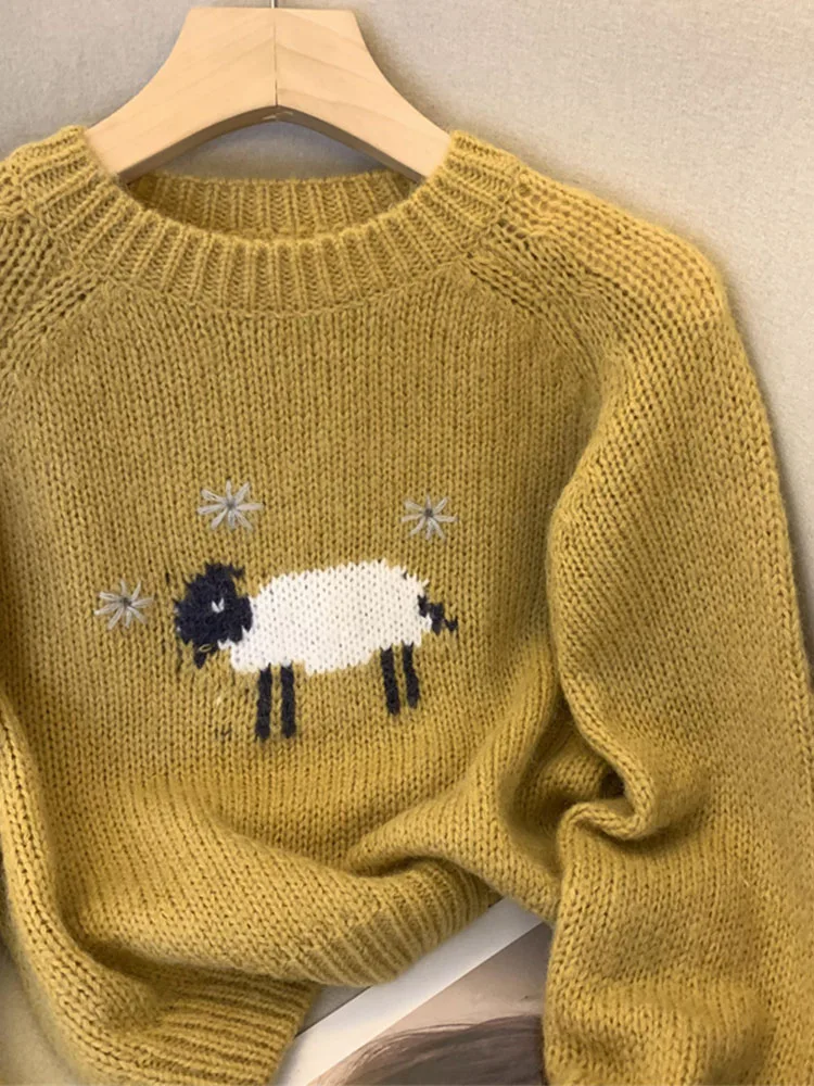 Модный простой классический вязаный свитер винтажный с круглым вырезом и