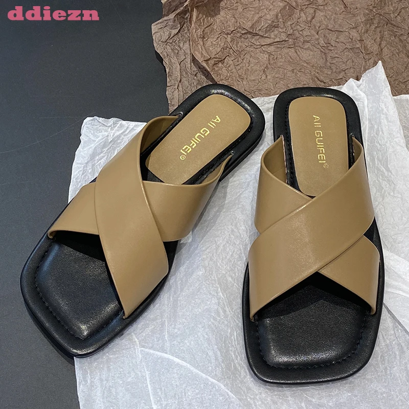 

Шлепанцы женские повседневные, сланцы, квадратный носок, плоская подошва, Уличная обувь, черные, модель Лето 2023