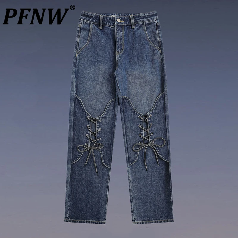 

PFNW Spring Autumn Men's Tide Vintage High Quality Niche Design Strapping Jeans Straight Handsome Streetwear Denim Pants 12A7752