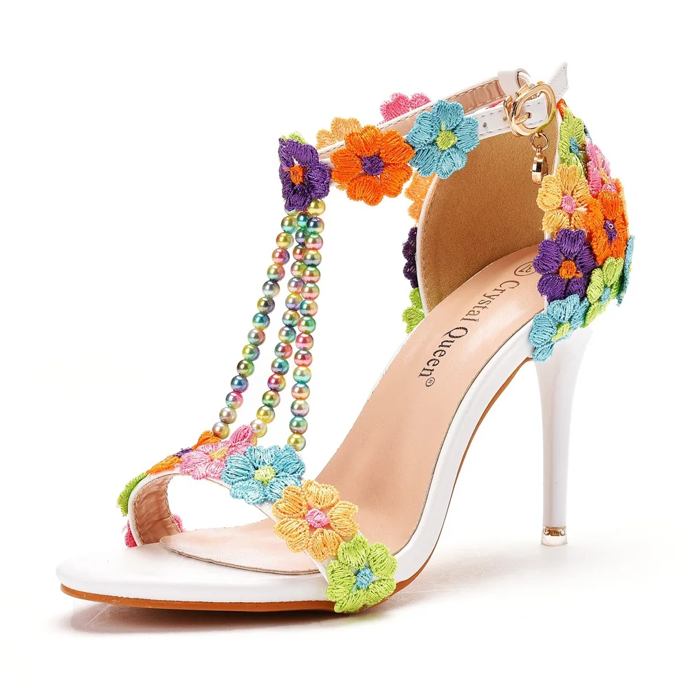 

9cm High heel sandals bridesmaid wedding buckle belt ethnic style colorful lace Roman sandals women