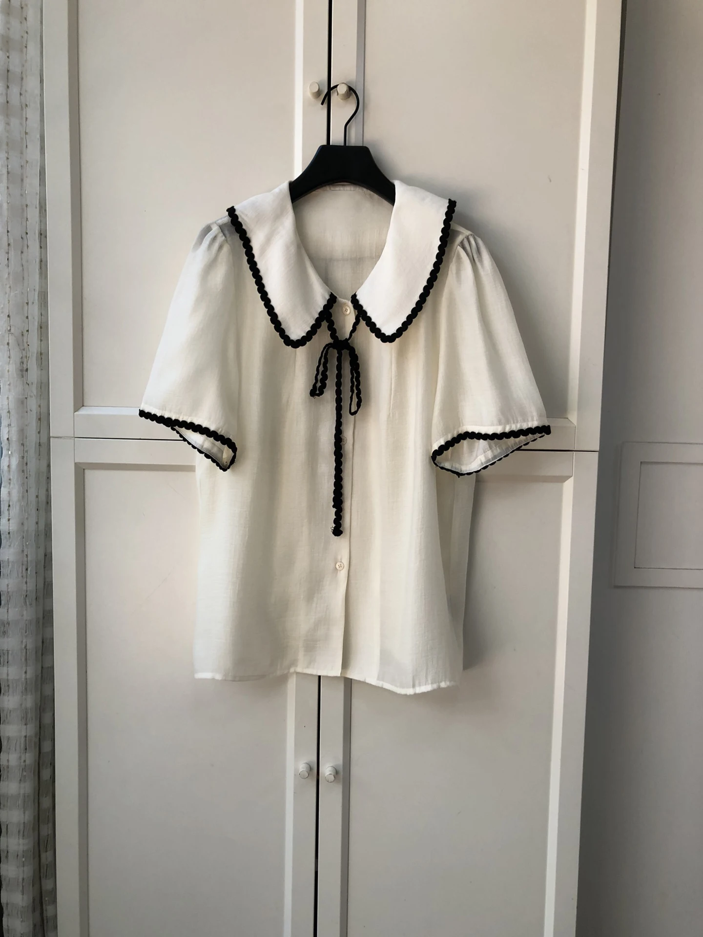 

2022 new women fashion short sleeve doll neck tie shirt 0628