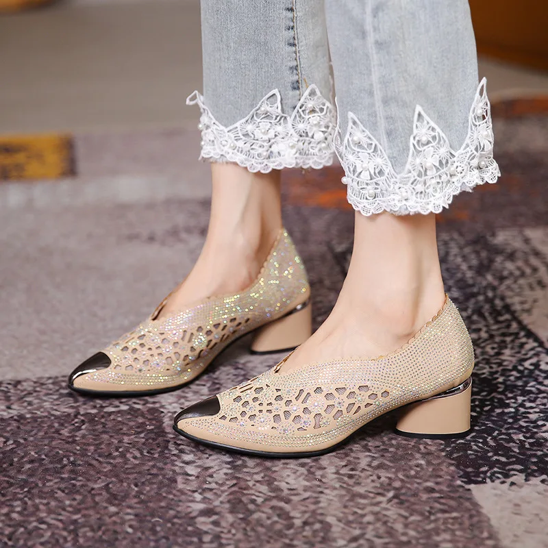 

Women's Sandals Summer Hollow Mesh Rhinestone Sandals Baotou Single Shoes Lace Pointed Toe High Heel Sexy Ladies Dress Pumps