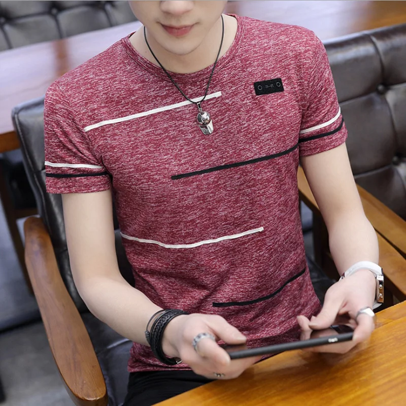 

Summer Korean version of short sleeve trend personalized slim bottoming shirt clothes ice silk men's T-shirt