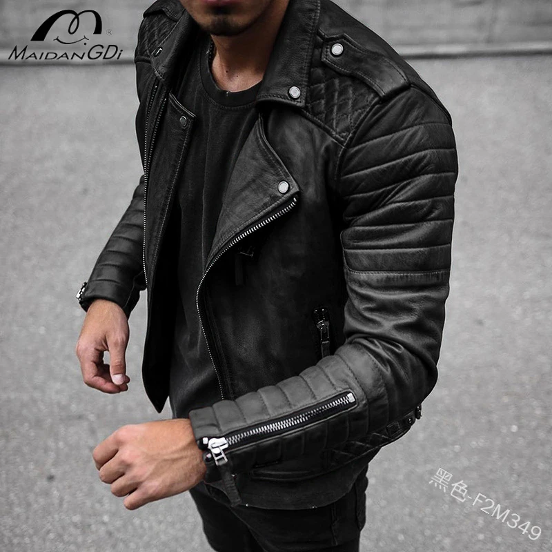 Мужское кожаное приталенное пальто мотоциклетное в европейском и американском