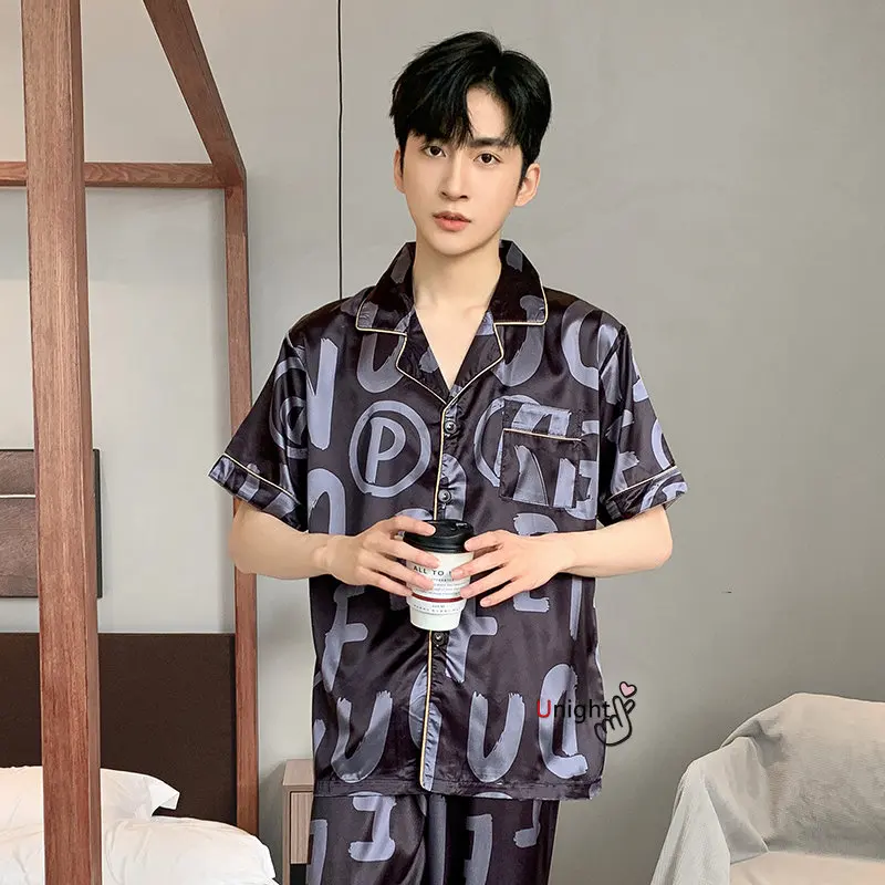 Spring Summer Man Pajama Sets Silk Sleepwear Pajamas for Men Plus Size Home Clothing Pyjamas Suit Home Wear Loungewear Homesuits
