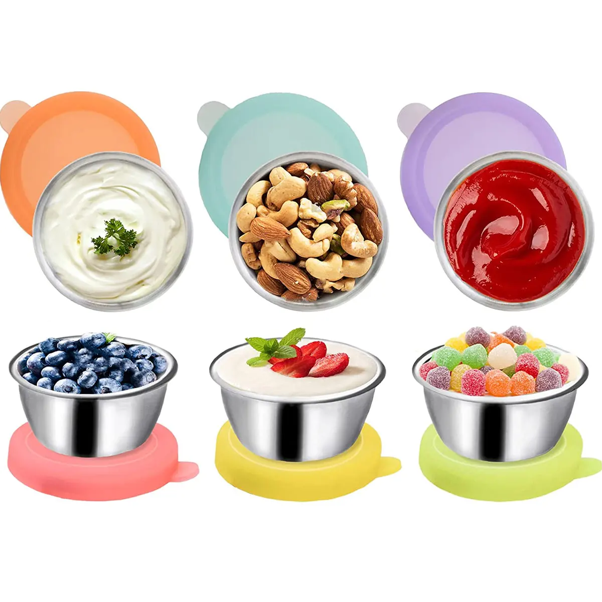 

Salad Dressing Container with Lids 6Pcs Silicon Lid Leak Proof Sauce Dressing Container Reuse Eco- friendly Condiment Containers