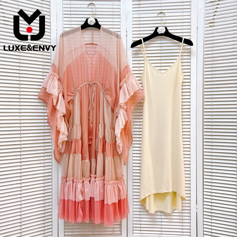 

LUXE&ENVY High End Design Sense Bohemian Flowy Flare Sleeve Dress+Strap Bottom Set 2023 Autumn
