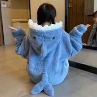 women pajamas 2022 winter japanese sweet temperament kawaii style cute cartoon shark hooded coral velvet home wear suit