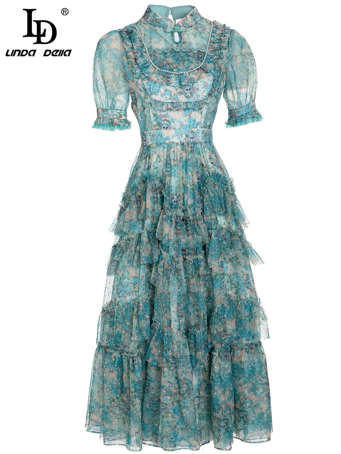

LD LINDA DELLA Fashion Designer Summer Dress Women Stand collar Beading Floral print Ruffles Mesh Vintage Midi Dresses
