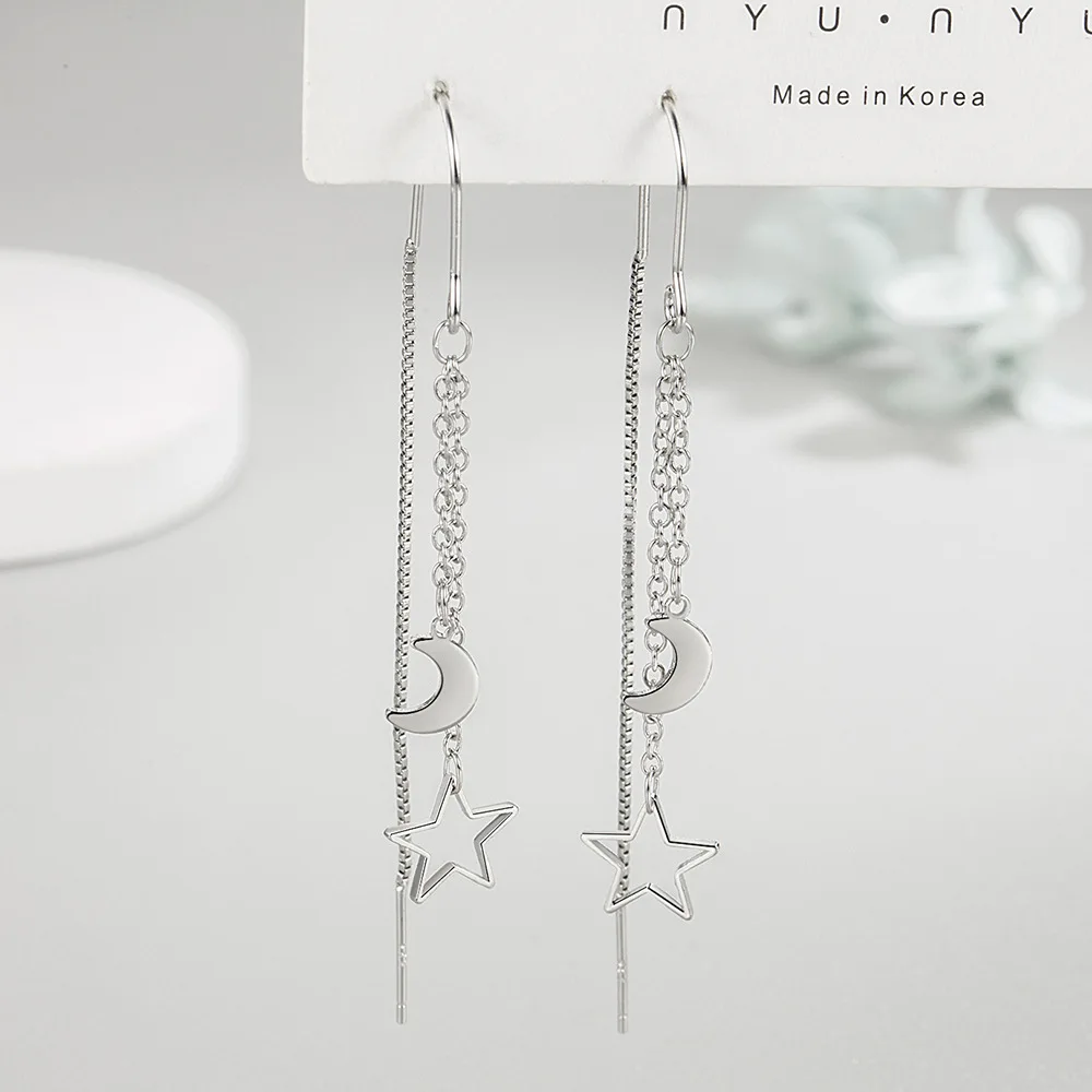 Long Wire Tassel Thread Chain Star Moon Beads Pendants Drop Earrings Women's Straight 925 Silver Needle Hanging Earings Jewelry