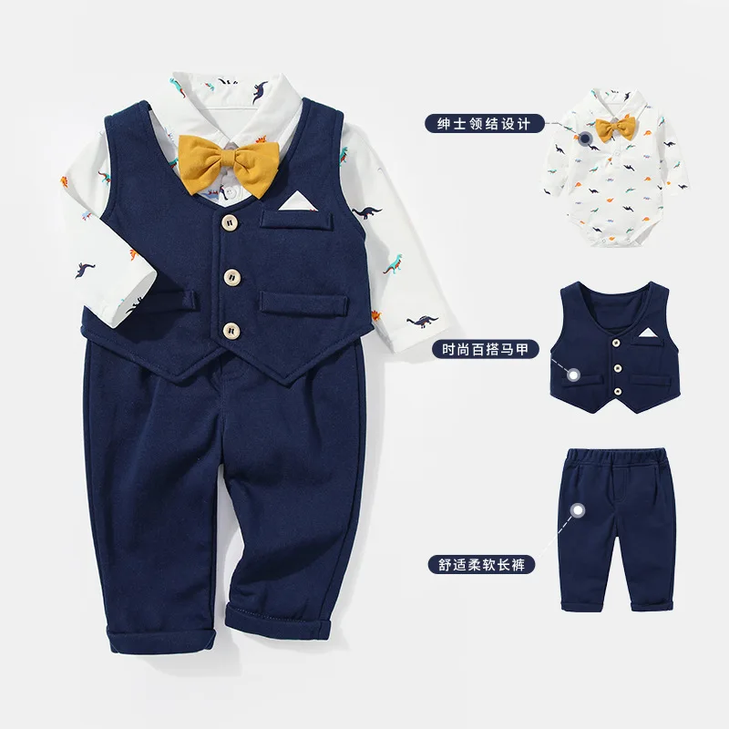 

Newborn Baby Boy Clothes Set Infant Romper Suit Sets Children Print Bodysuit + Solid Pants + Vest 3 PCS Suit Toddler Outfits