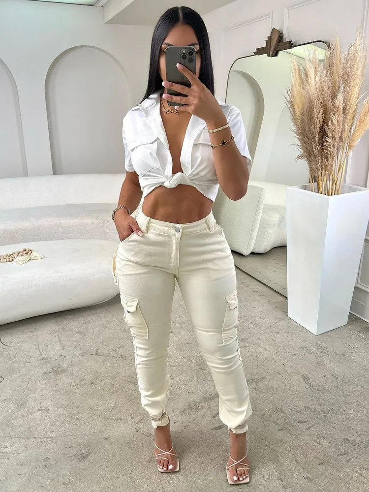 

Y2k Streetwear Elastic High Waistband Cargo Pants for Women Casual Button Zipper Closure Double Side Pockets Pencil Long Trouser