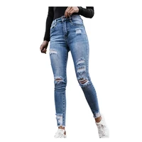women high waist pocket elastic denim pants 2021 spring slim all match vintage jeans classic ripped hole button trousers popular