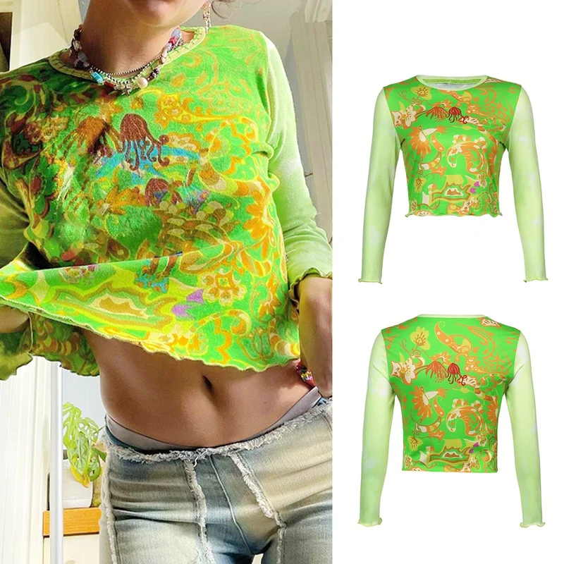 

ASDS-Streetwear Art Print Long Sleeve T-Shirts Y2K Vintage Cute O-Neck Patchwork Lettuce Trim Crop Tees Slim