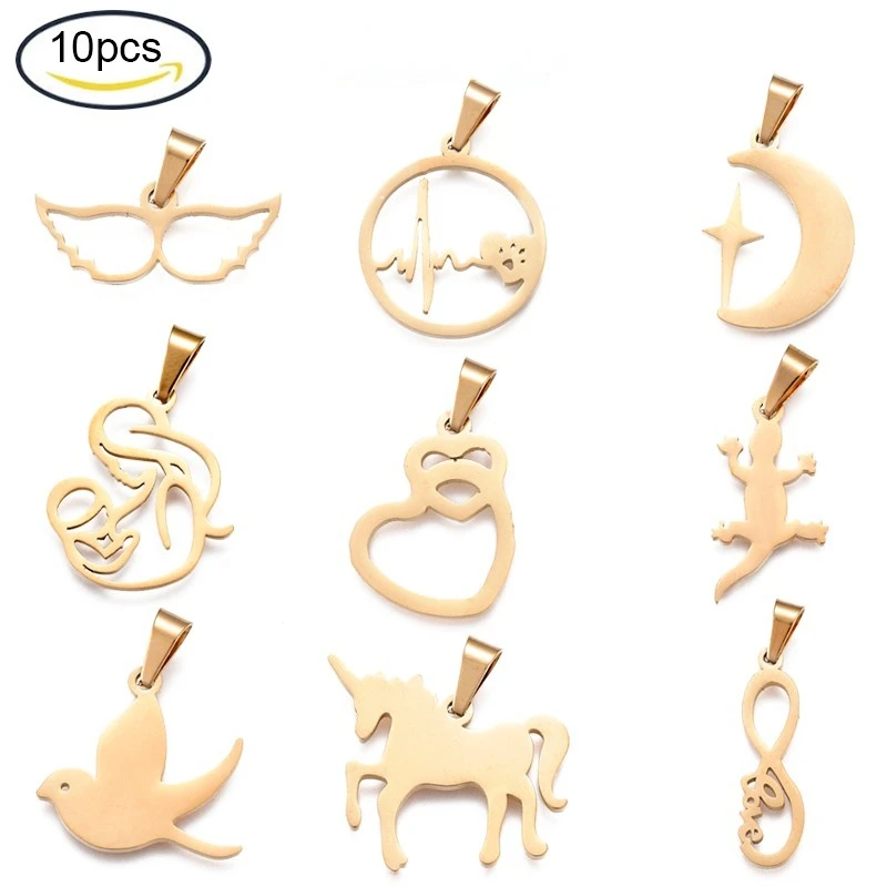 

10PCS 18x16x1mm Mother's Day 304 Stainless Steel Pendants Laser Cut Hollow Mother and Baby Golden Hole: 3x5mm