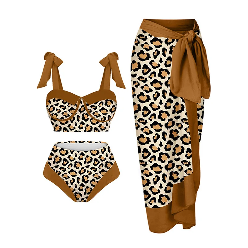 

2023 Sexy Bikini Fashion Leopard Push Up Swimsuit Summer Holiday Beach Hot Spring Swimwear Sunscreen Gauze Skirt Bikini Set