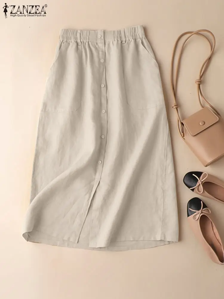 

Юбка ZANZEA женская с эластичным поясом, винтажная однотонная Повседневная Свободная офисная юбка с карманами, Модная хлопковая на пуговицах, лето 2023