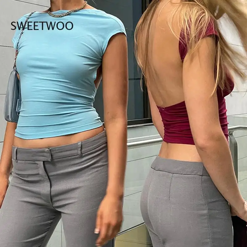 

Женский топ с открытой спиной, однотонный облегающий топ с коротким рукавом, сексуальная облегающая футболка с вырезами, укороченный женск...