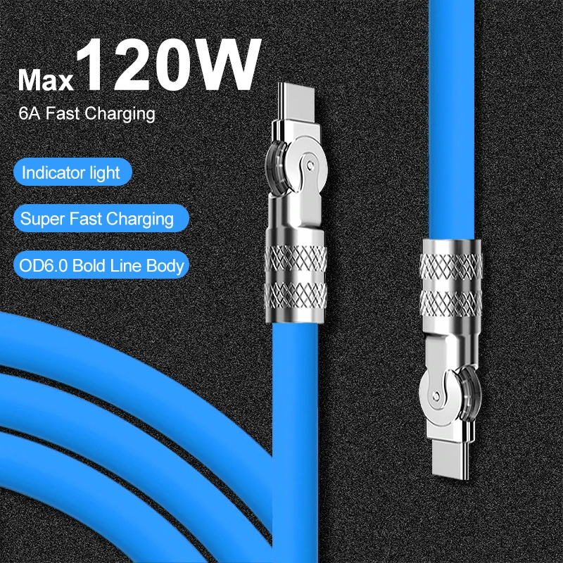 

Rotatable 180° 120w Super Fast Charging Cable Liquid Silicone Mobile Game Cable Type C For Xiaomi IPhone Huawei 1M/1.5M