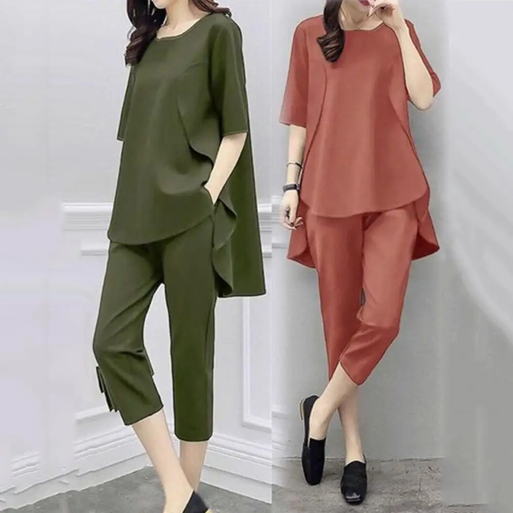 

Elastic Waist Breathable Pure Color Top Crop Trousers Female Clothing