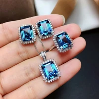 meibapj natural london blue topaz gemstone rectangle jewelry set 925 pure silver 3 pieces suit wedding jewelry for women