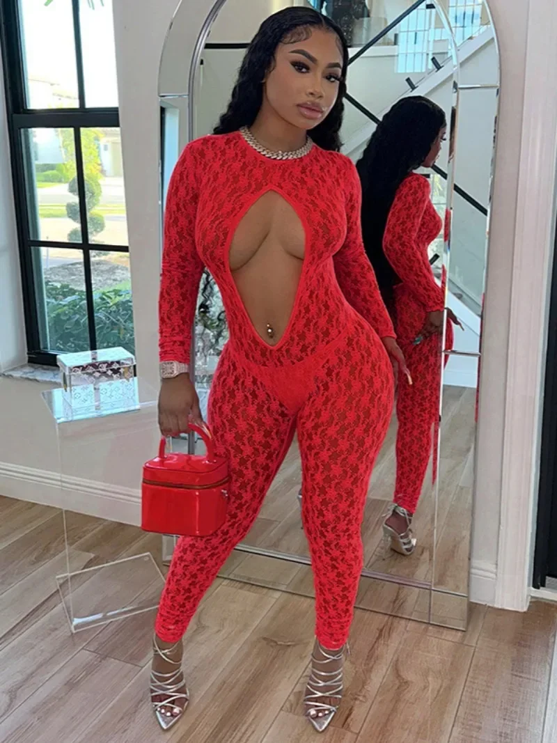 Сексуальные прозрачные кружевные комбинезоны с круглым вырезом и длинными