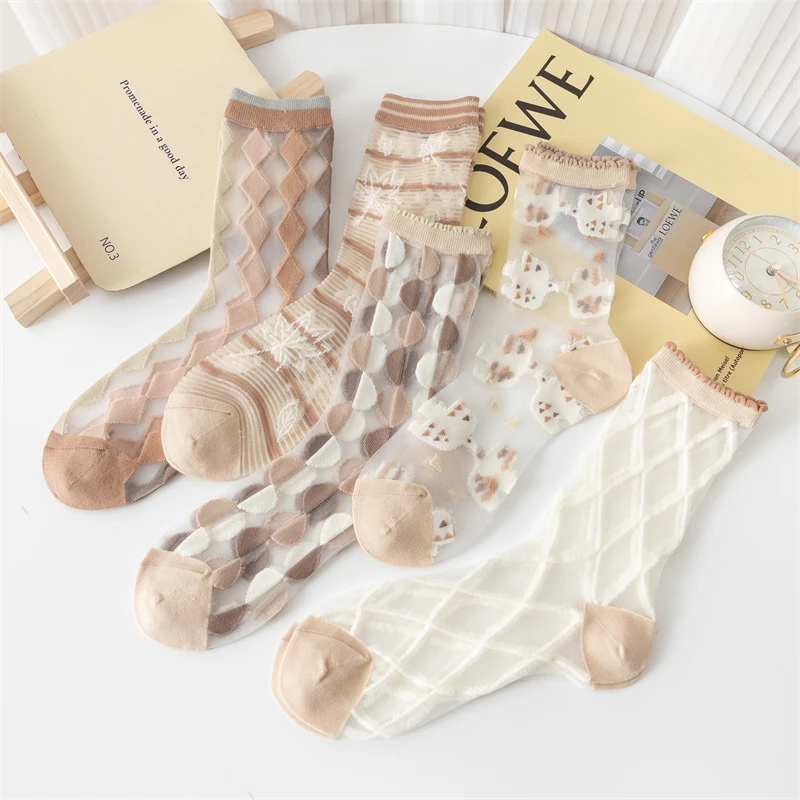 

Women Socks Summer New 2022 Combed Cotton Breathable Cute Cartoon Korean Transparent Crew Socks Grils Fashion Casual Middle Tube