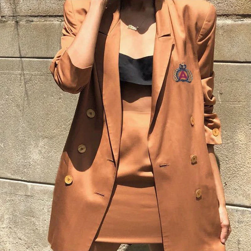 Preppy Style Embroidered Blazer Women Mid Length Patchwork Double Breasted Suit Office Lady 2021 New Fashion Vintage Blazers Y2k