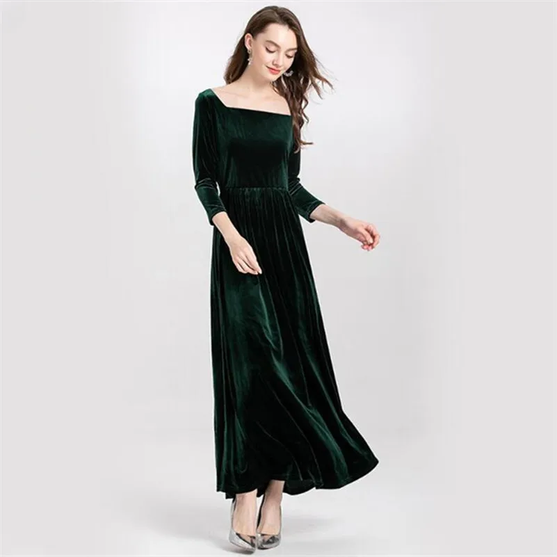 2023  New Arrival Spring Autumn Hot Sale Elegant Long Dress High Street Square Collar Full Sleeve Velvet Party Maxi Dress Solid