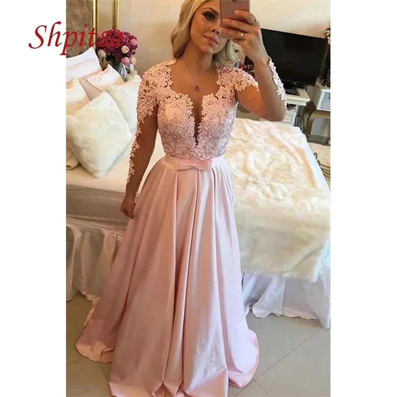 

Pink Long Sleeve Lace Mother of the Bride Dresses for Weddings A Line Prom Evening Groom Dinner Dresses